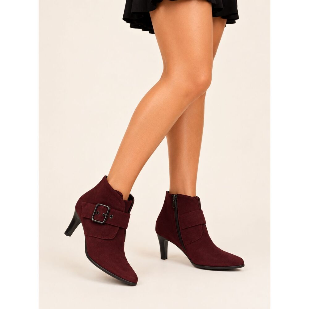 Aquatalia Rochelle Burgundy Suede Boots 8.5 Buckle Heeled Booties Made Italy
